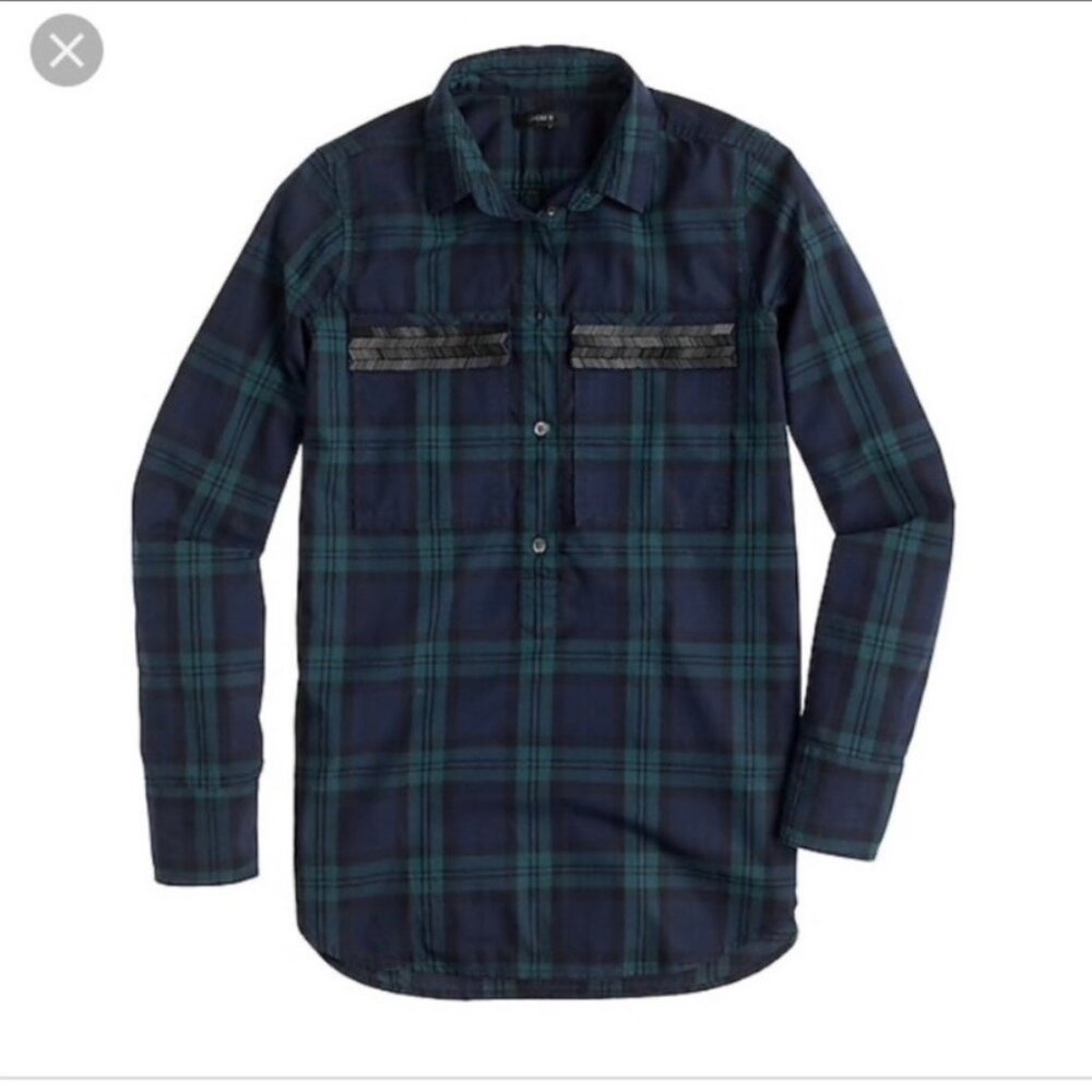 J. Crew Blue Green Tartan Plaid Beaded Pockets Popover Top Size 2